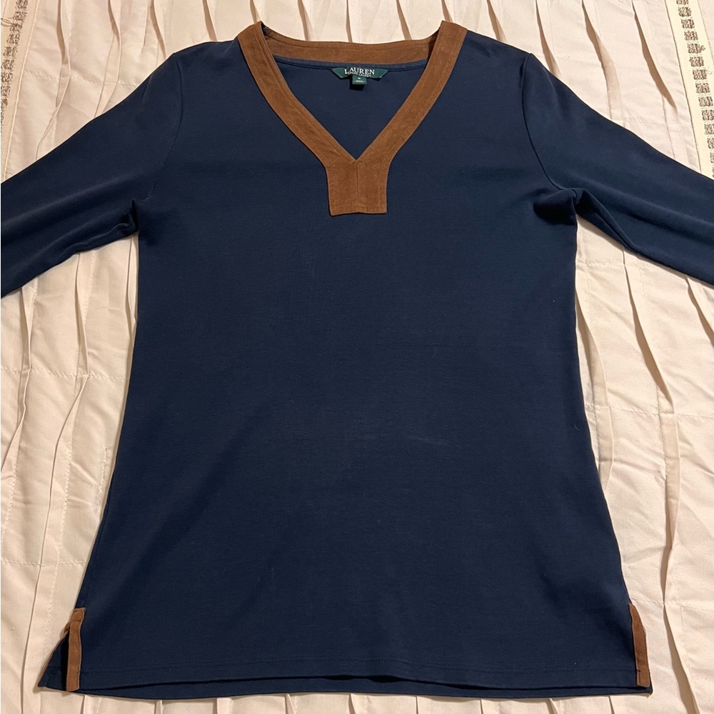 Lauren Ralph Lauren Shirt Womens Size Medium Navy Blue Faux Leather Trim V Neck